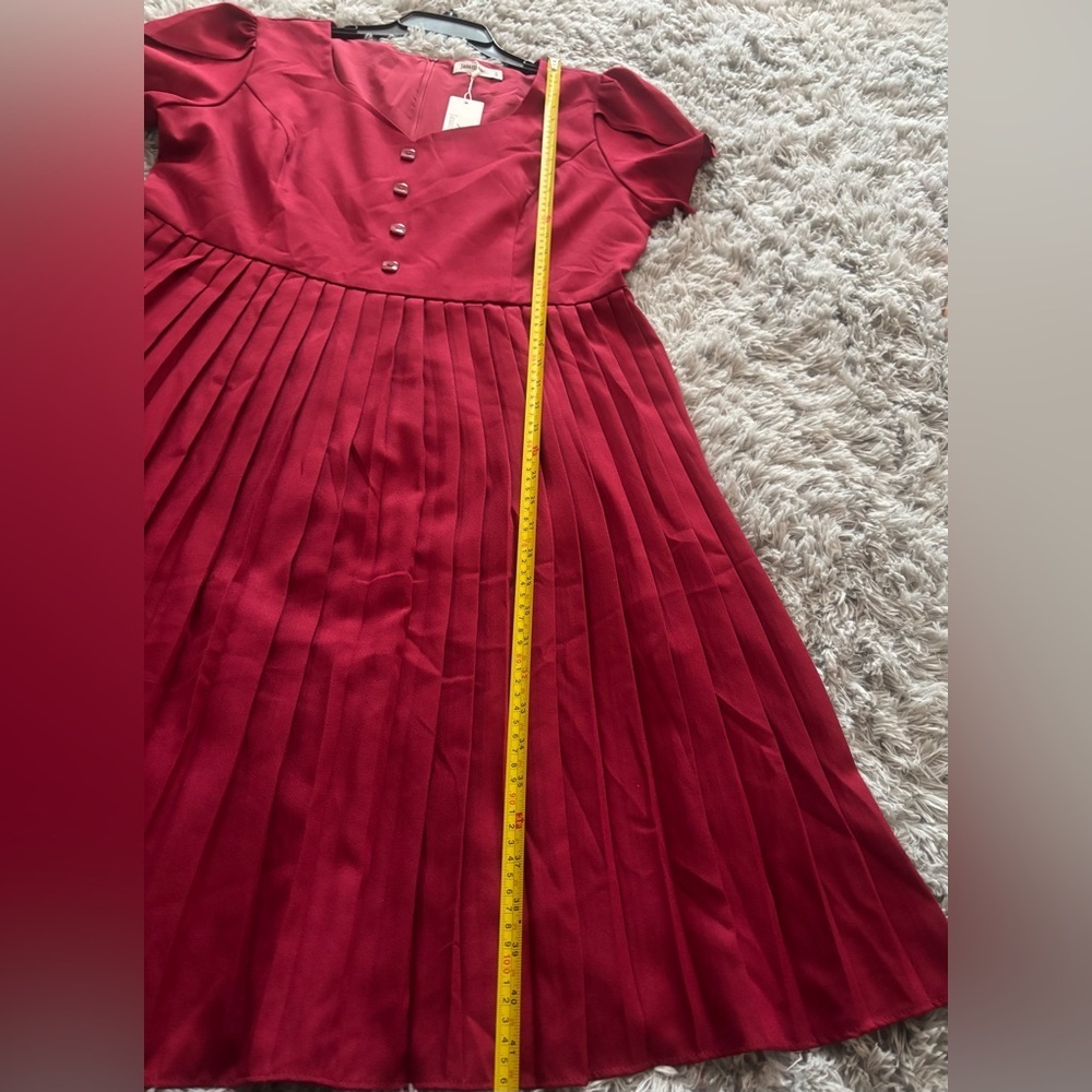 Burgundy Red Pleated Midi Dress Flutter Sleeves - Picture 5 of 11
